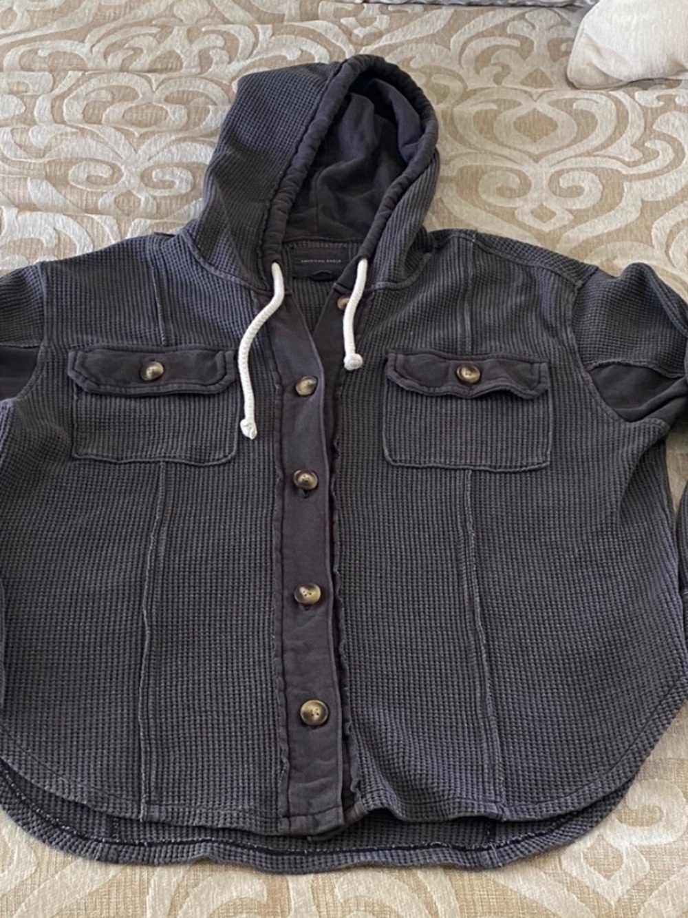 American Eagle Charcoal Waffle Knit Hooded Shacket Size Small Oversized - Picture 3 of 11
